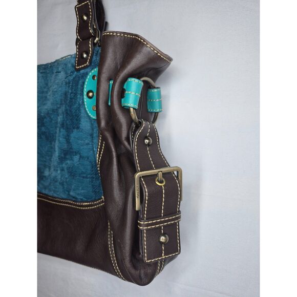 OILLILY Brown and Teal Leather Embroidered Handbag - Picture 2 of 4